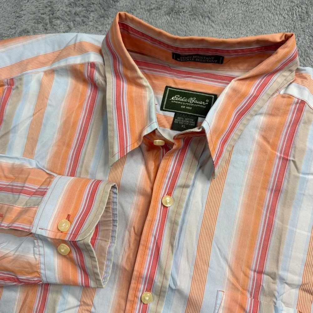 Eddie Bauer Mens XL Orange Striped Long Sleeve Button Down Stain Resistant Shirt